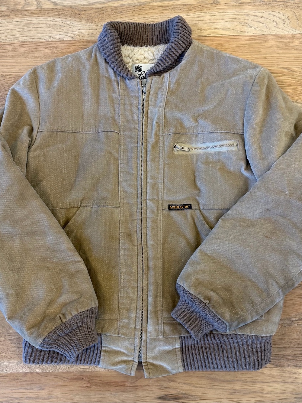Vintage Lakeshire USA Sherpa Lined Velour Bomber Jacket Tan Men's M/L Workwear